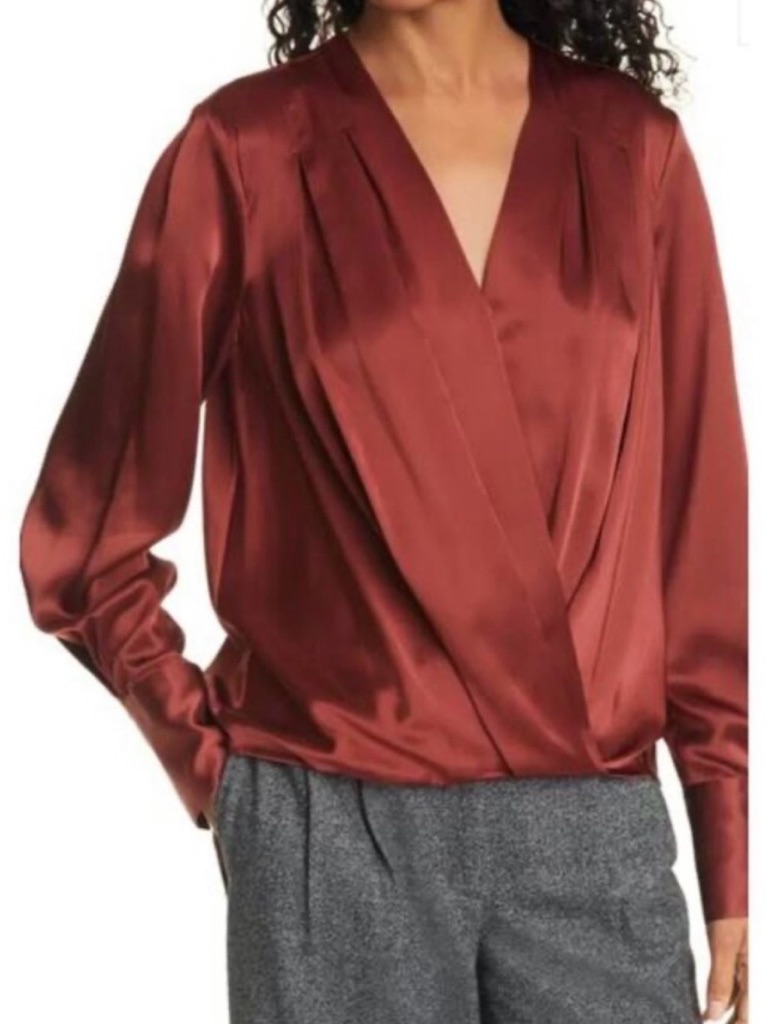 Rag & Bone Lei Silk Satin Wrap Effect Long Sleeve V-Neck Blouse Rust Size Small
